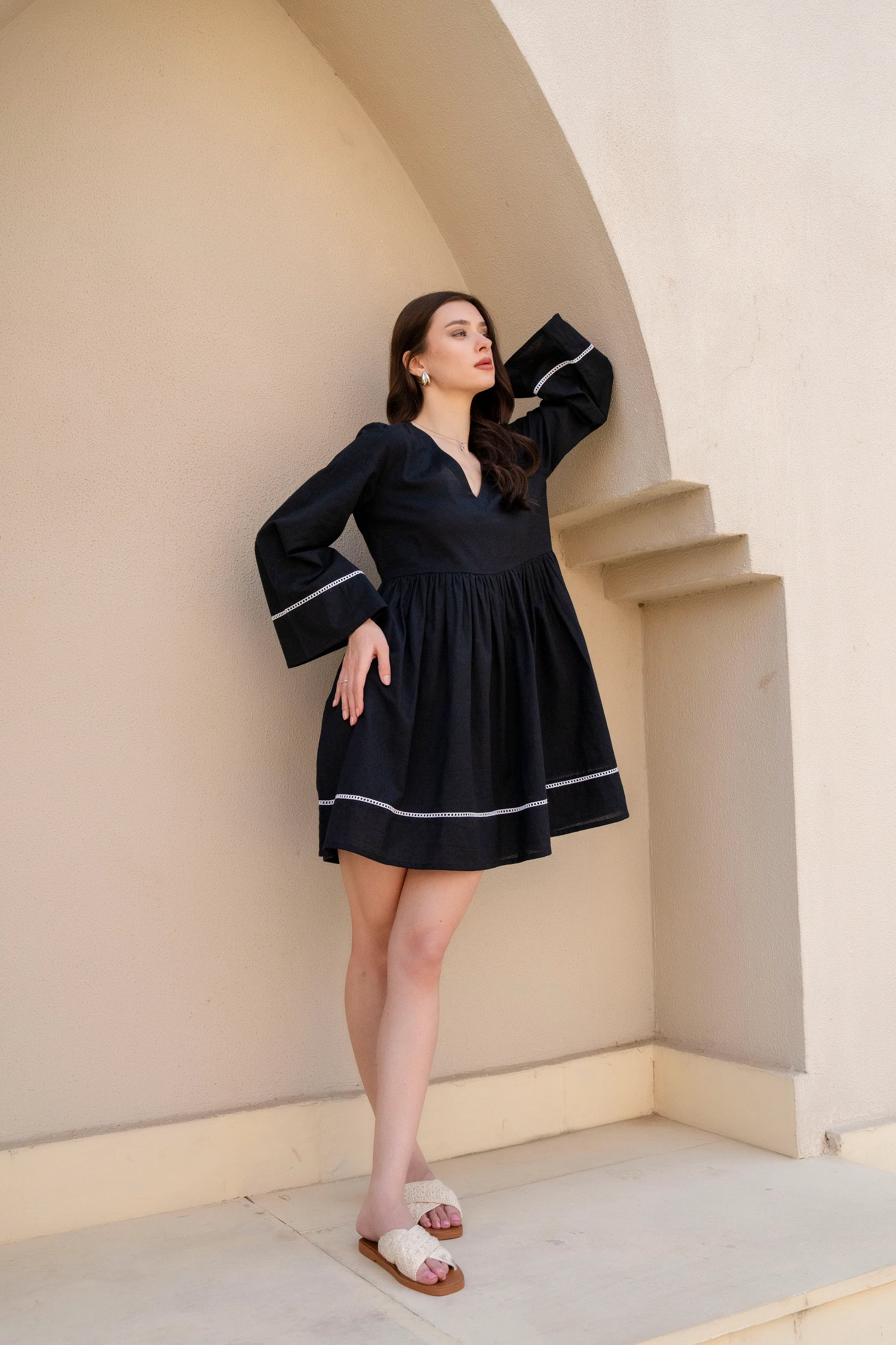 Wild Iris Flowy Black Mini Dress with Bell Sleeves Wild Iris Flowy Black Mini Dress with Bell Sleeves